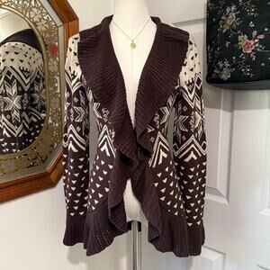NWT Style & Co Brown & Cream Winter Pattern Crochet Ruffled Bell Sleeve Cardigan